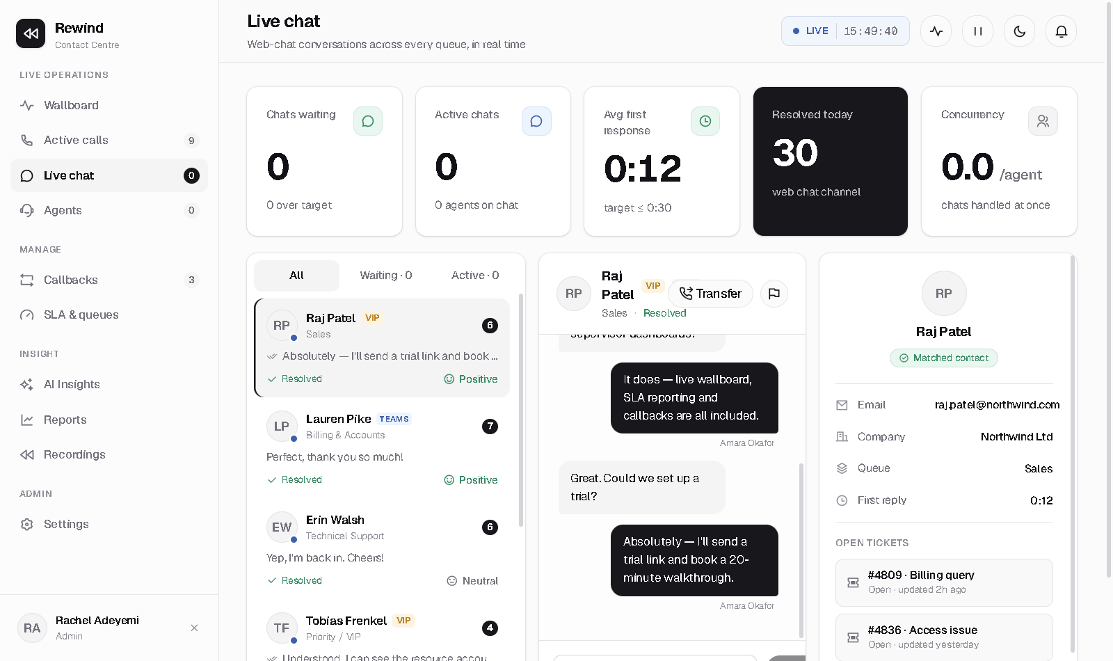 Rewind live chat console — web and Teams conversations