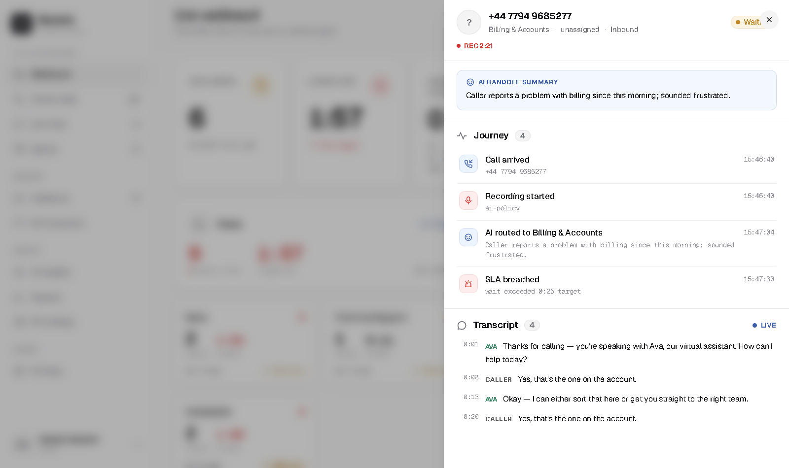 The call detail drawer with journey timeline and live transcript