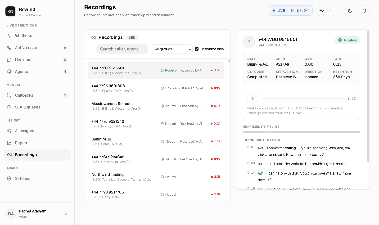 The recordings library with transcript and sentiment