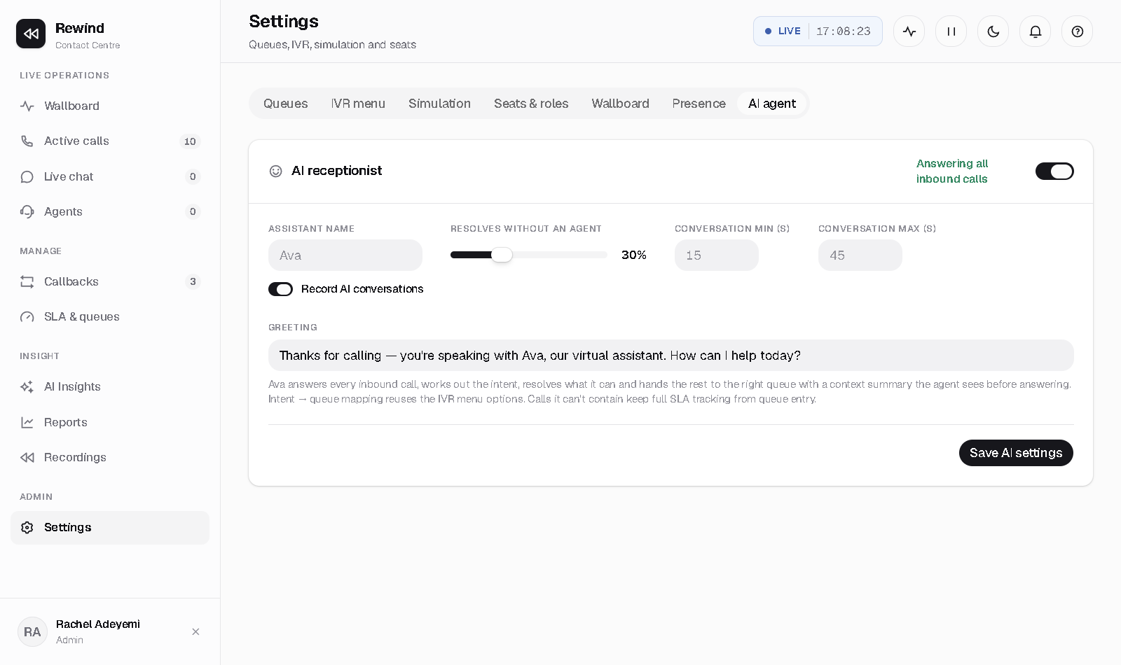 AI receptionist settings
